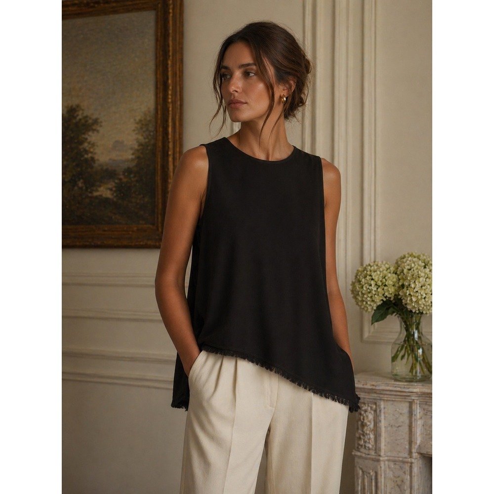 Lafayette 148 New York Black Sleeveless Fringe Hem Tank Top
